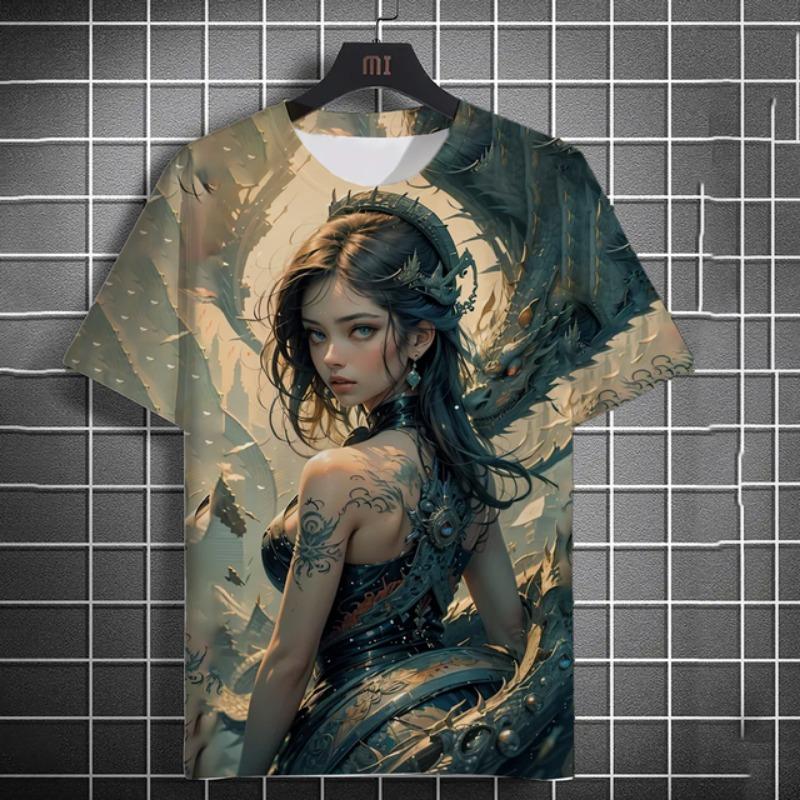 Men's T-shirt 3D Printed Anime Goddess Back Tattoo Print T-shirt Casual Loose Short Sleeved T-shirt Men's Home Clothing Top