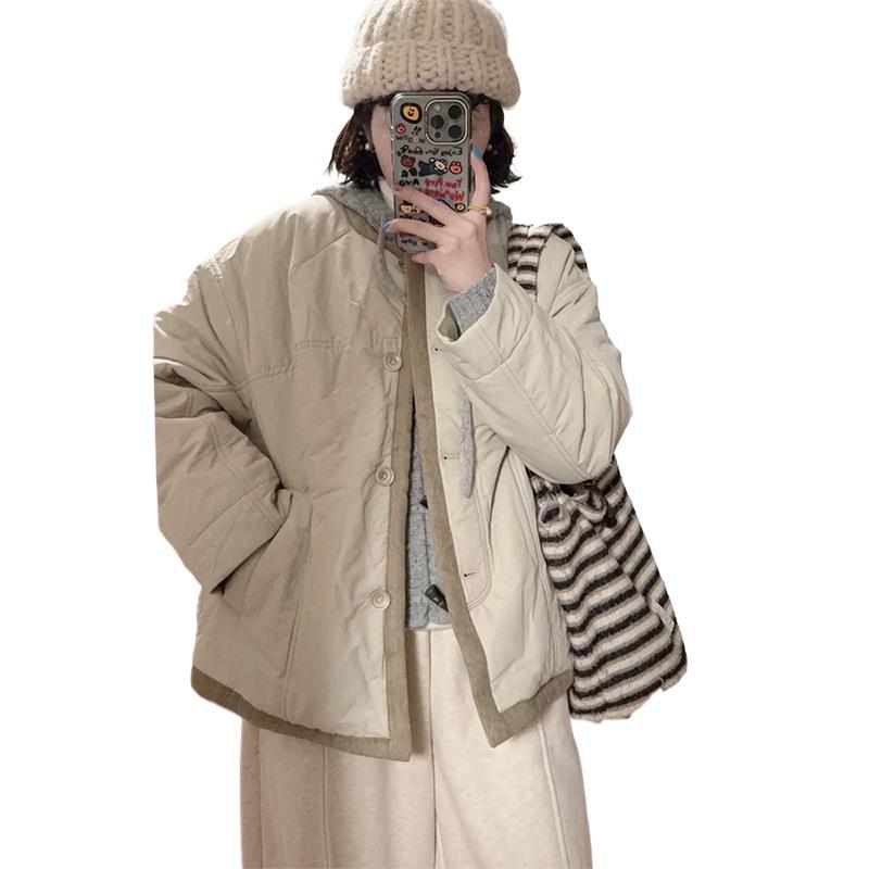 Большой размер японский дизайн соответствия цветов чувство пух хлопковая одежда женская осень и зима новая утолщенная теплая одежда для хлеба короткая куртка прилив