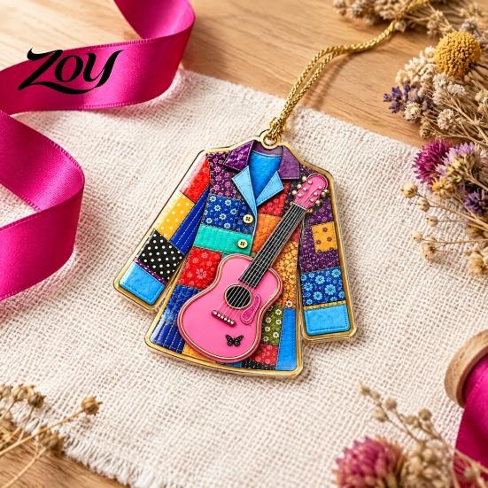 Music Lover Holiday Gifts Acrylic Guitar Christmas Ornament, Patchwork Jacket Butterfly Flat Hanging Pendant Festive Wall And Window Decor with