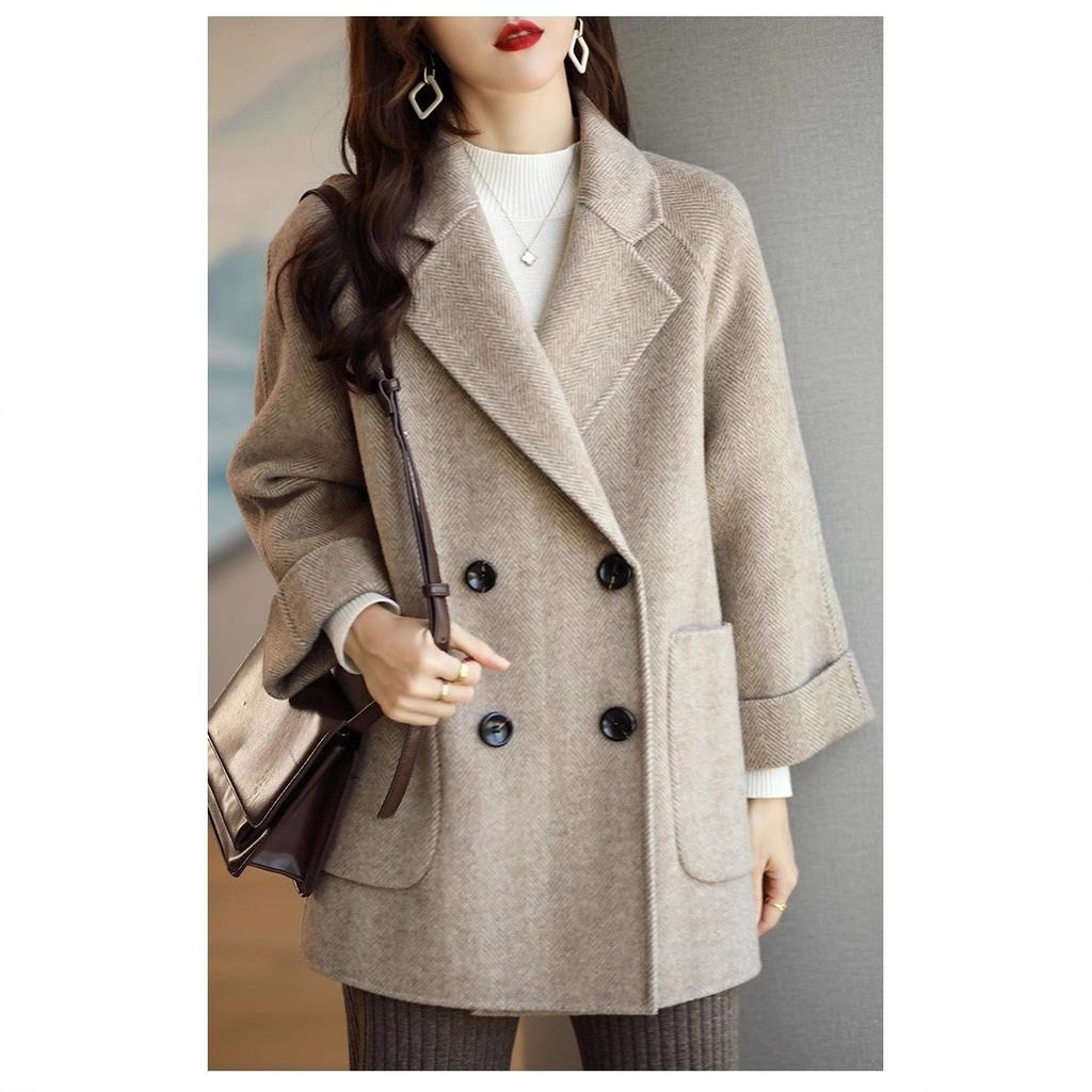 Костюм воротник темперамент шерстяной женский осень зима елочка узорчатое пальто свободный утягивающее пальто универсальный