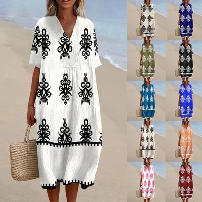 Женское свободное повседневное модное платье с V-образным вырезом и принтом, пляжная юбка