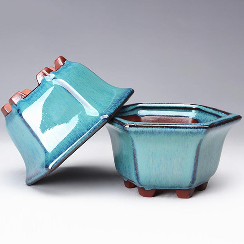 Pottery Flower Pot Bowl Glazed Ceramic Succulent Planter Pot with Hole Polygonal Artistic Ornament for Indoor Outdoor