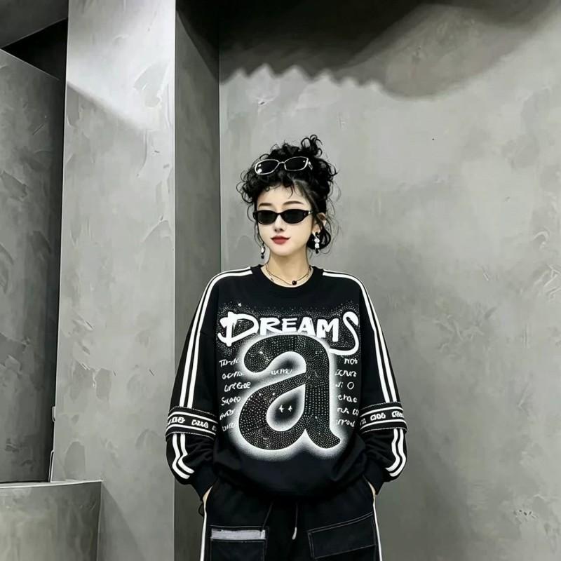 Womens 2026 Streetwear Tracksuit Set Loose Fit A Letter Print Rhinestone Detail Drawstring Jogger Pants Two-Piece