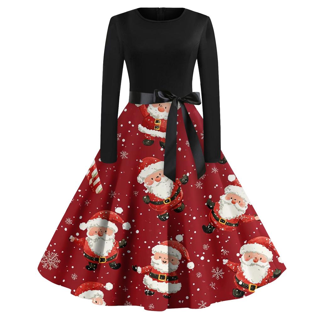 Женская мода винтаж с длинным рукавом и круглым вырезом с рождественским принтом вечерние платья платья