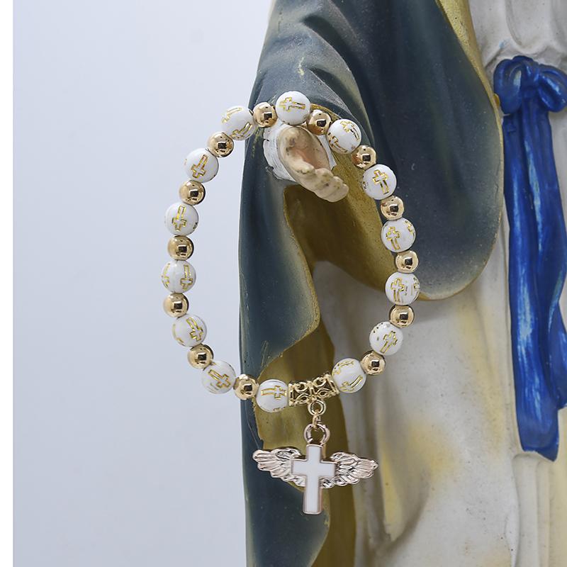 Exquisite Angel Wing Cross Rosary Bracelets Bronzing Acrylic Baptism Stretch Beaded Bracelets for Women Girls Religious Gift