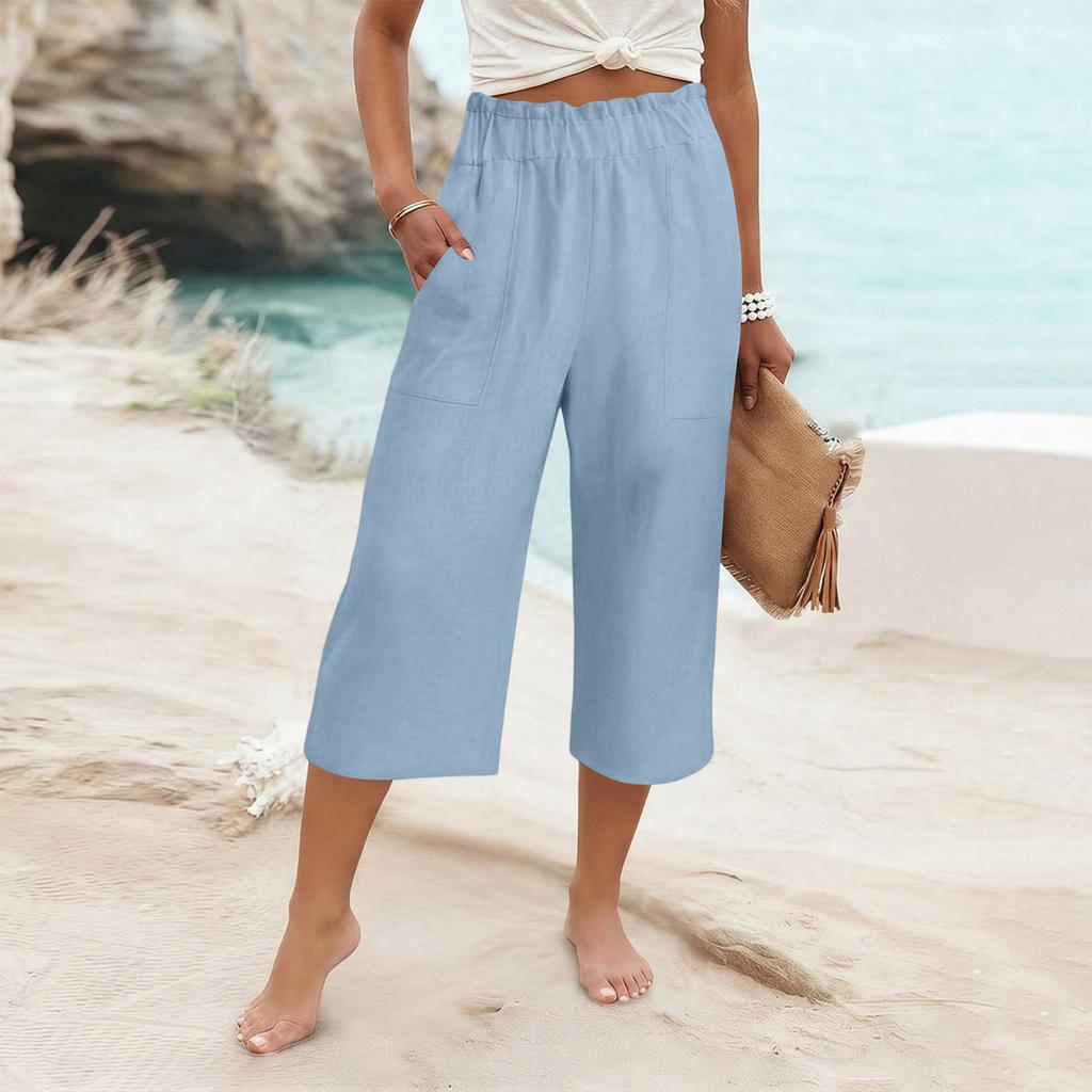 Womens Baggy Cotton Linen Pants Elastic Waist Casual Loose Summer Beach Vacation Pants
