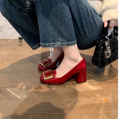 Версия из овчины~ тупой носок квадратная пряжка высокий каблук женские туфли-лодочки на толстом каблуке из кожи универсальные туфли Мэри Джейн