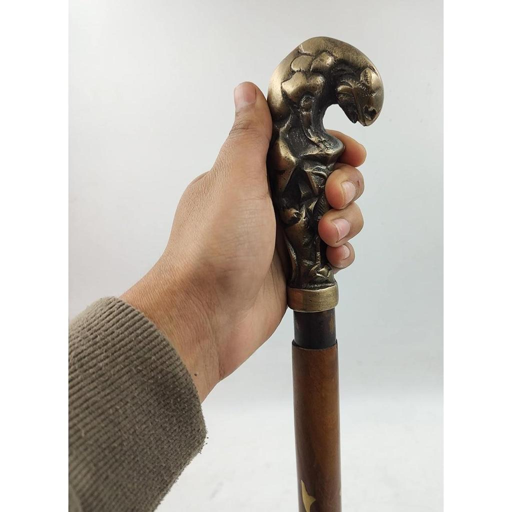 Antique Finish Jaguar Handle Wood Walking Stick Cane 3 Fold Open Nautical Vintage Style
