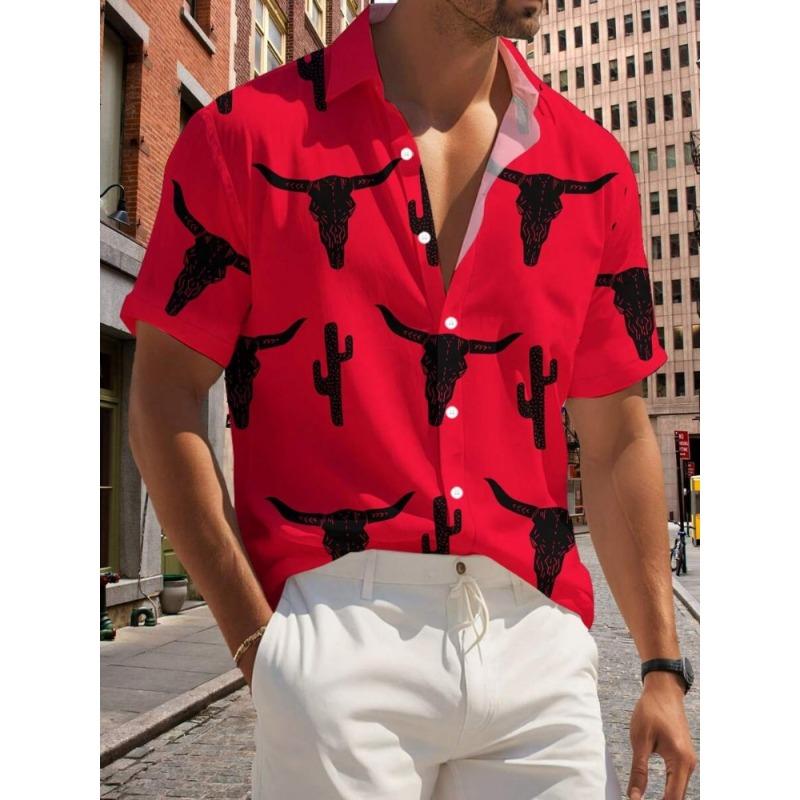 Мужская рубашка с короткими рукавами с принтом головы быка, летняя рубашка с короткими рукавами для улицы, городская повседневная модная мужская рубашка