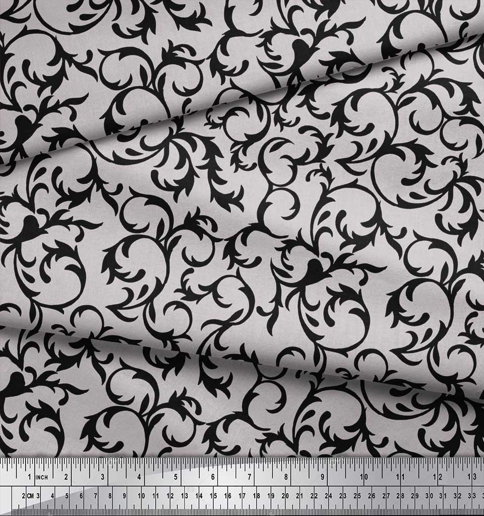 Soimoi Gray Japan Crepe Satin Fabric Artistic Leaves Printed Fabric 1 metre 42 Inch