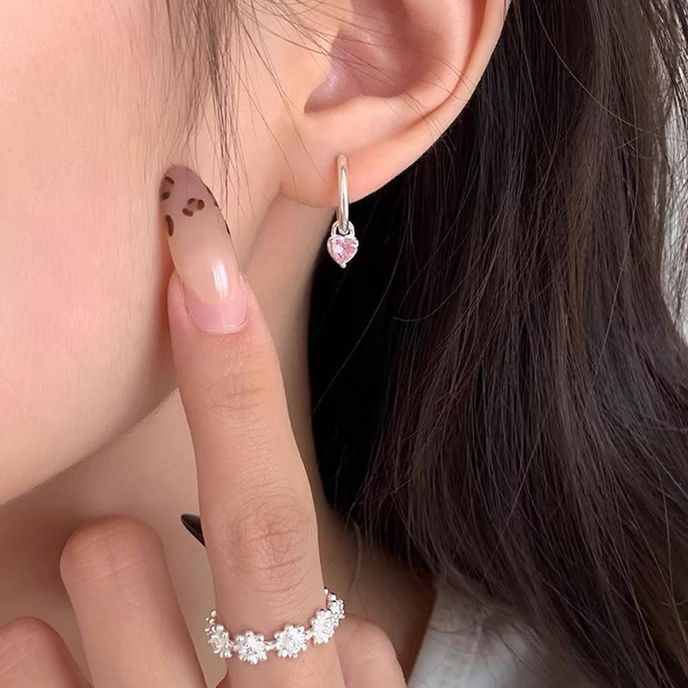 Серьги-подвески с розовым сердцем из циркона, стерлинговое серебро S999, для женщин - Простой изысканный дизайн