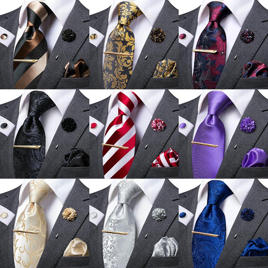 Hi-Tie Mens Silk Tie Set Brooch Pin Necktie Hanky Cufflinks Tie Clip for Business Wedding
