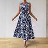 Elegant Women's Dress with French Resort Print V-neck Lace-up