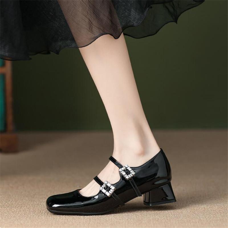 Patent Leather Women High Heel Shoes Retro Thick Heel Female Pumps 2024 Brand Shoes Female Buckle Strap  Solid Classics Pumps