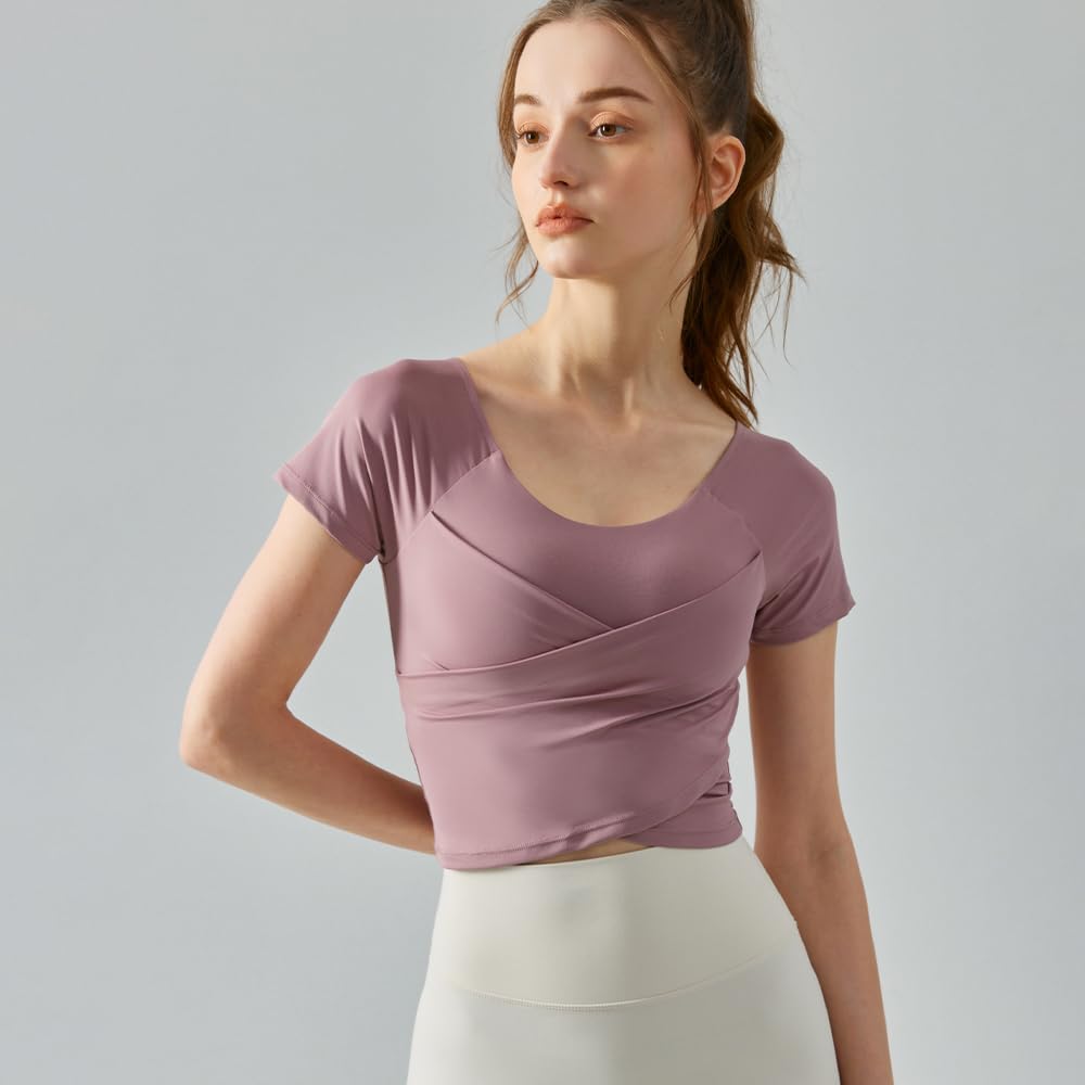 Yomoment Short Sleeve Shirt with Cross Stretch Padded Yoga Short Women's Front, Shirt, Wear, Top, Quick-Drying T-Shirt