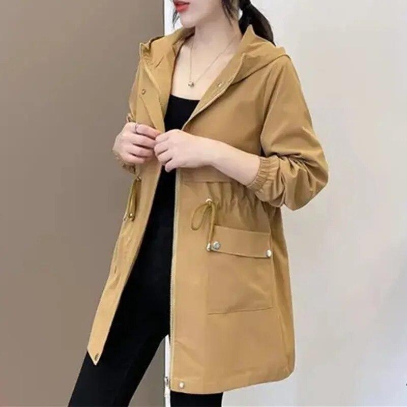 Women's Spring and Fall Medium-length Thin Section Casual Hooded Windbreaker Jacket