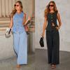 Spring Slim Denim Waistcoat Jeans Set Women Elegant Single Breasted O Neck Vest Wide Leg Pants Sets
