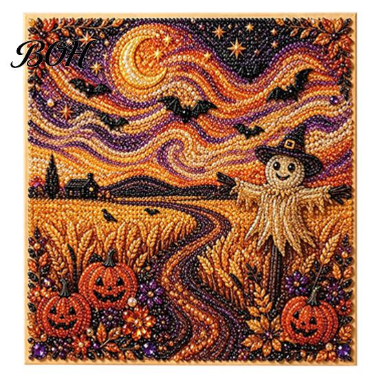 Fall Holiday Decoration Halloween Faux Pearl Art DIY Kit, 3D Bead Embroidery Craft Set, Spooky Handmade Ghost Pumpkin Goat Witch Wall Art, Seasonal