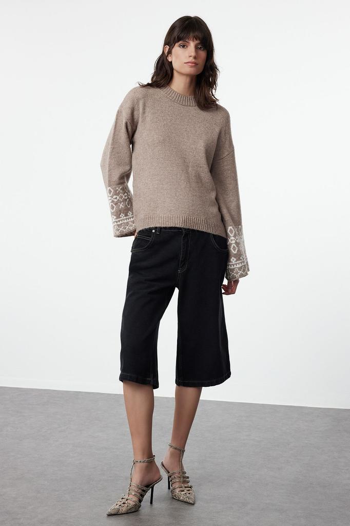 Women's Fashionable Stylish Sweater Mink Soft Textured Sleeve Detailed Crew Neck Knitwear Sweater