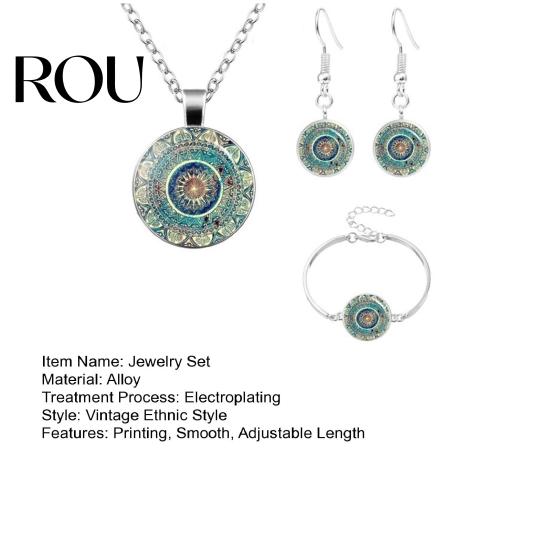 Printing Necklace Earring Set 3 Pcs/Set Women Jewelry Vintage Ethnic Style Lobster Clip Adjustabler Matching Earrings Length Hook Bangle Lady