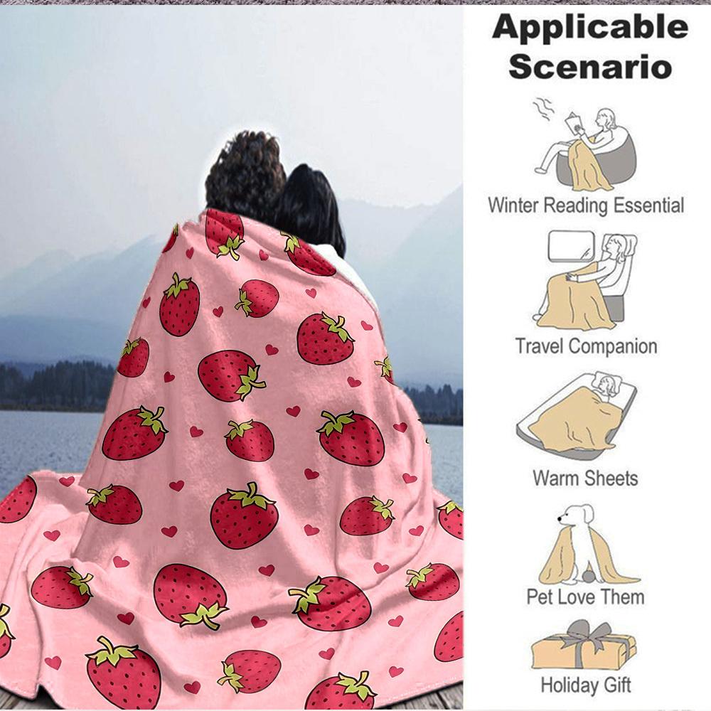 1pc Strawberry Heart Lightweight Flannel Blanket, Comfortable and Warm Blanket, for Office and Camping Sofa Bed037