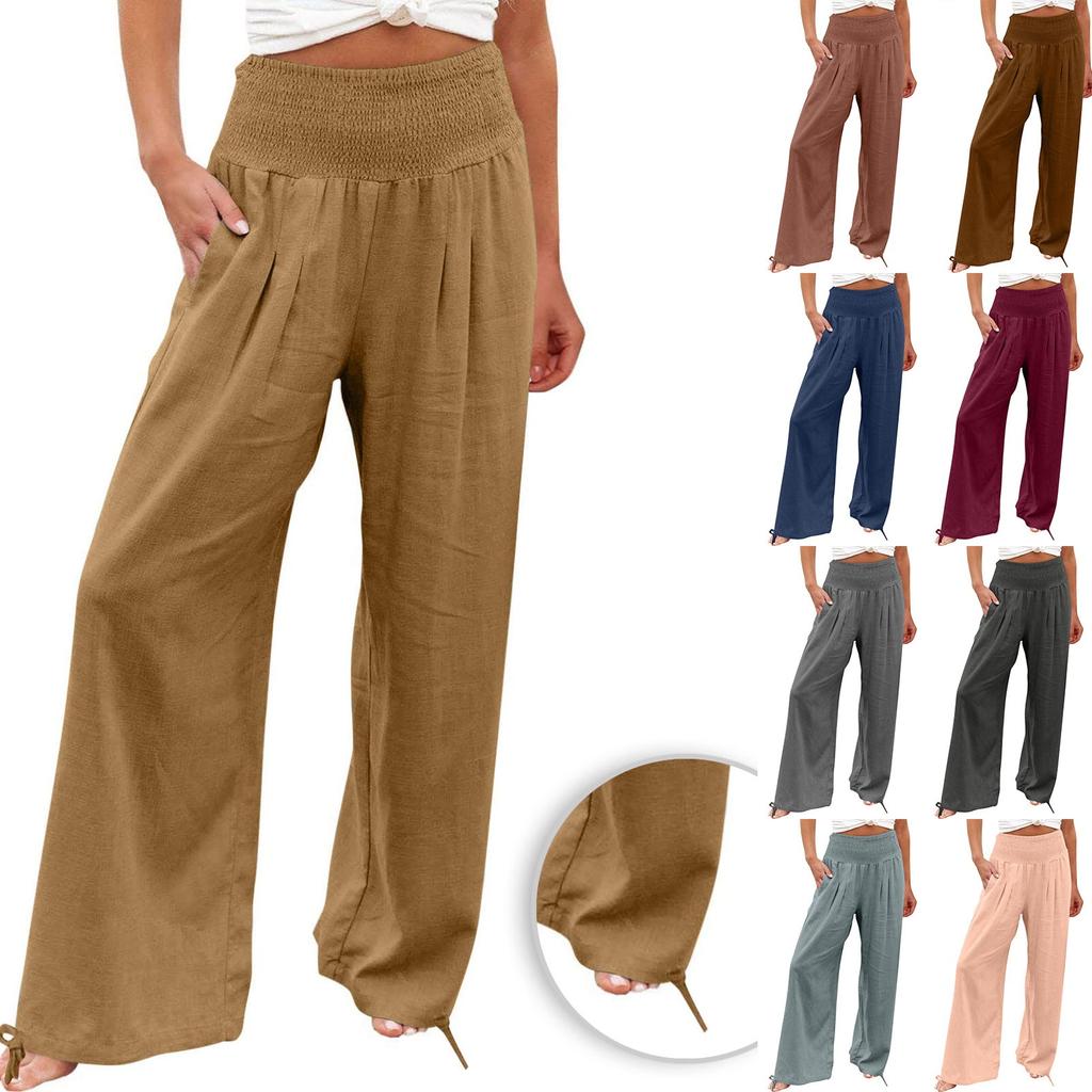 Льняные брюки, женские удобные струящиеся широкие брюки, летние пляжные брюки-палаццо с высокой талией и карманами