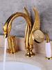 Tuqiu Gold Brass Swan Basin Faucet with Shower Head Bathroom Faucet Sink Mixer Tap Widespread Lavotory Faucet Sink Mixer