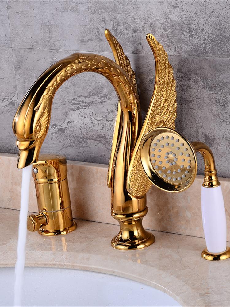 Tuqiu Gold Brass Swan Basin Faucet with Shower Head Bathroom Faucet Sink Mixer Tap Widespread Lavotory Faucet Sink Mixer