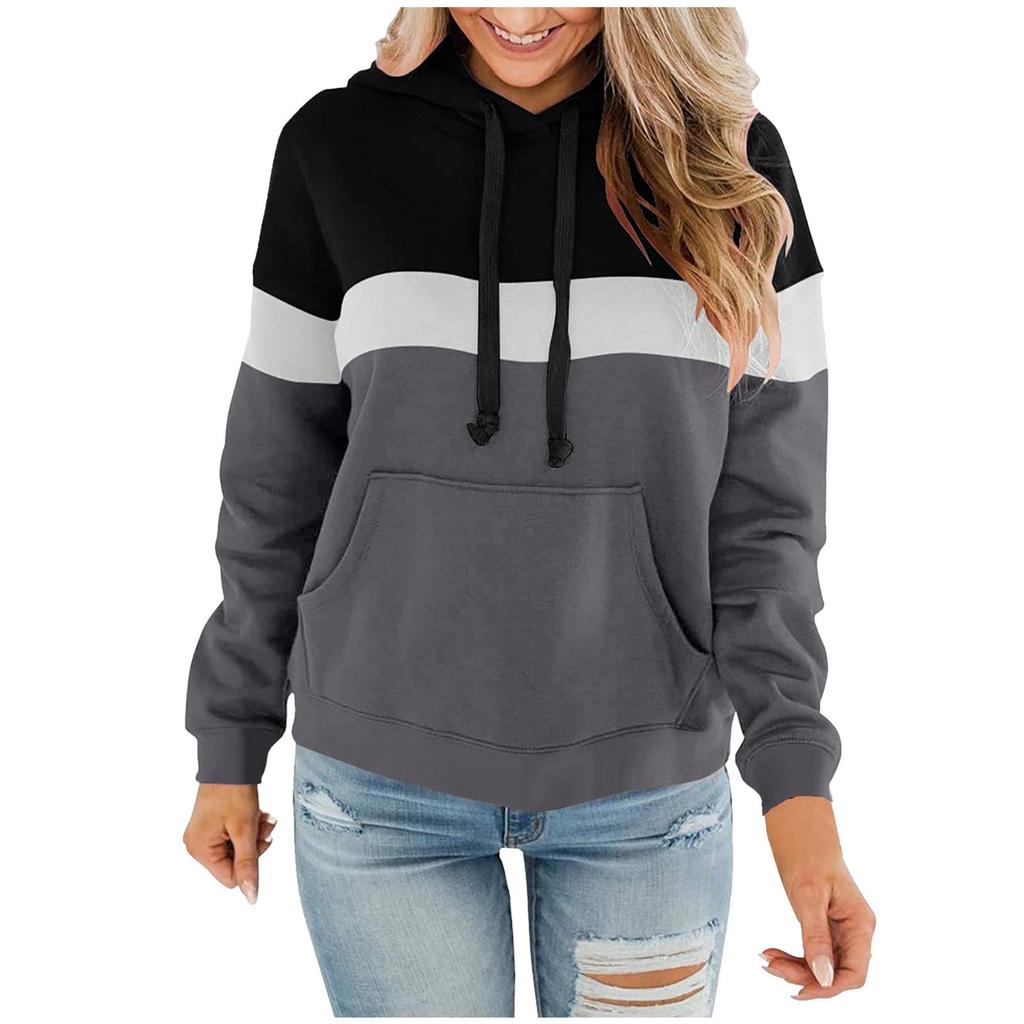 Ladies Hooded Plaid Print Long Sleeve Sweatshirt Loose Women Drawstring Sweatshirt