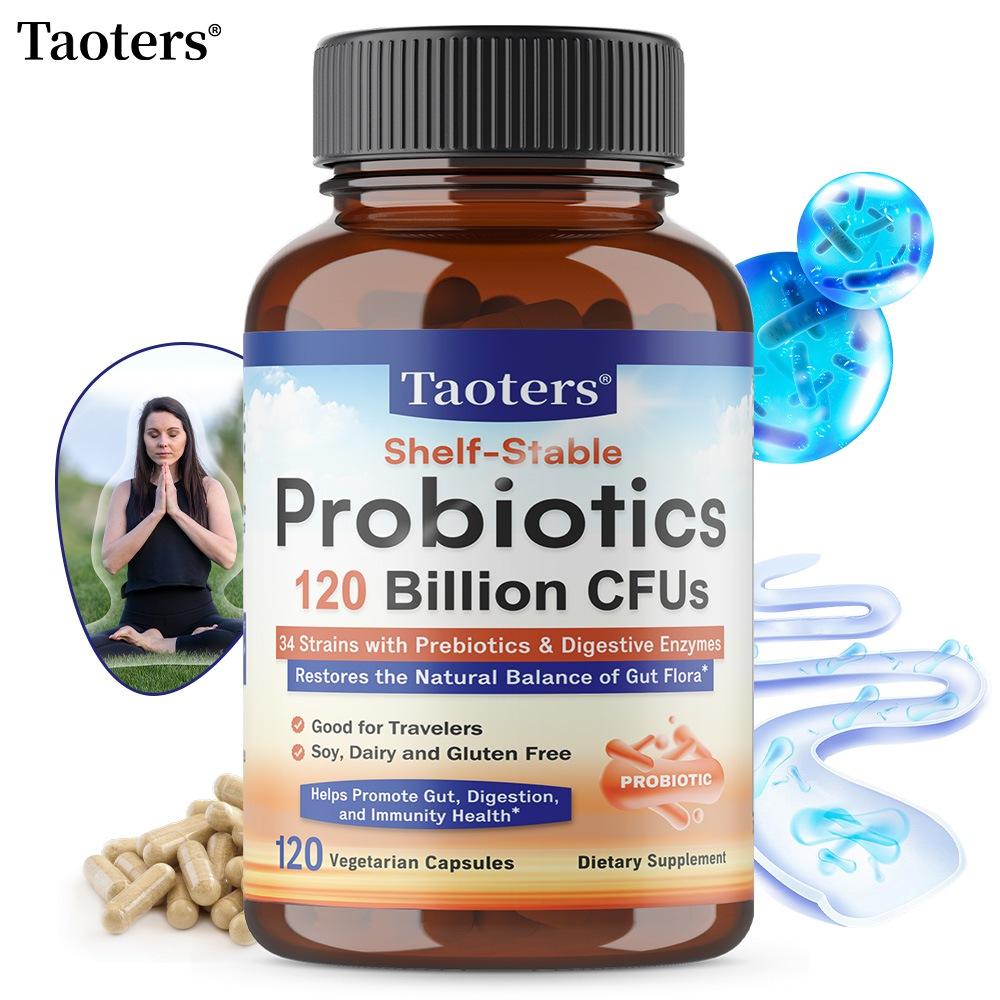 Taoters Probiotics Capsules, 120 Billion CFU, 34 Strains, with Prebiotics & Digestive Enzymes, 120 Caps