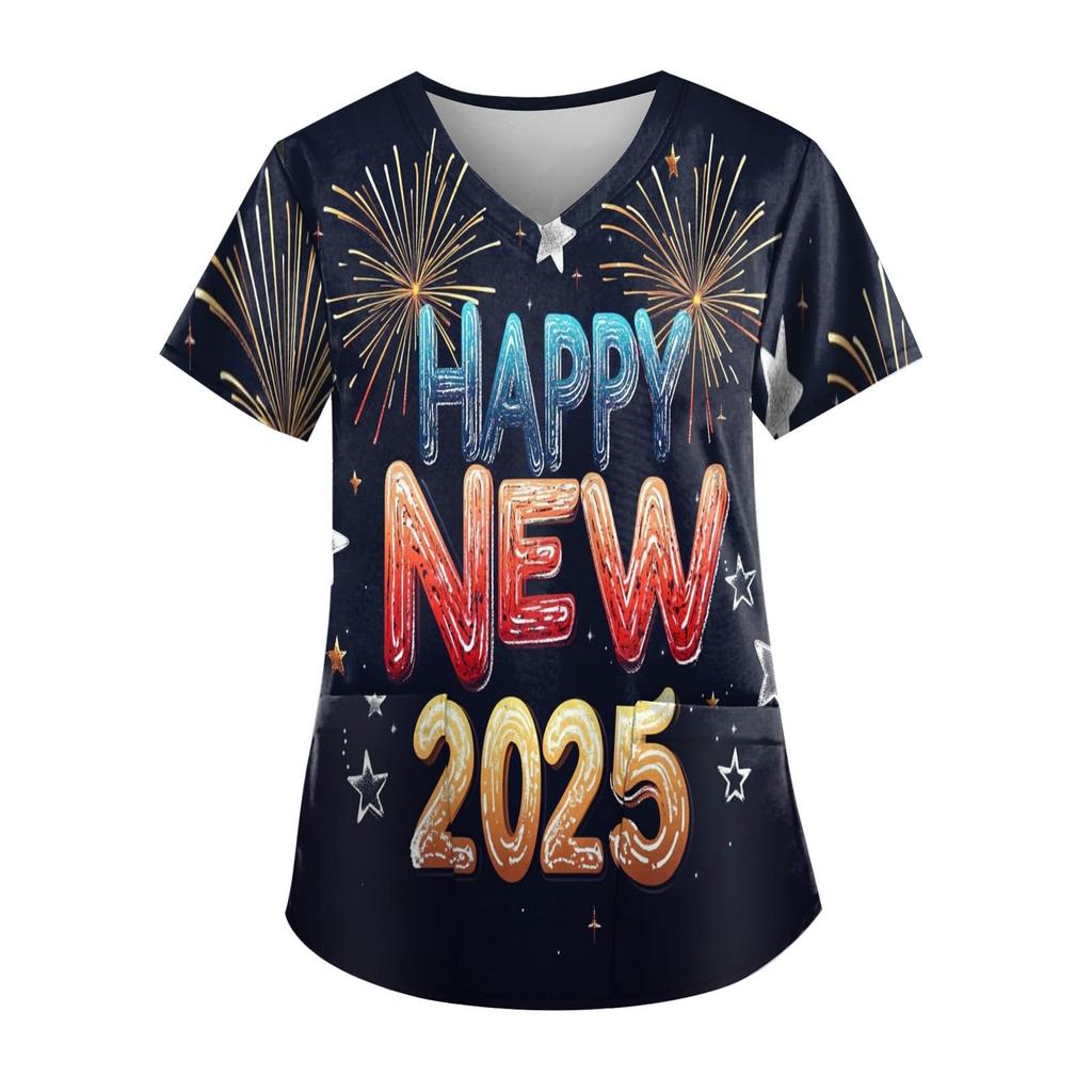 Женская модная новогодняя футболка с короткими рукавами, V-образным вырезом и маленьким карманом