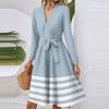 Женское модное повседневное миди-платье с V-образным вырезом, длинным рукавом, полосатым принтом на талии