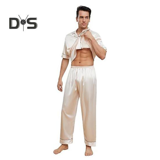 2 шт./компл. шелковый атласный мужской пижамный комплект с воротником-стойкой на пуговицах, верх пижамы с нагрудным карманом, эластичный пояс, комплект одежды для сна