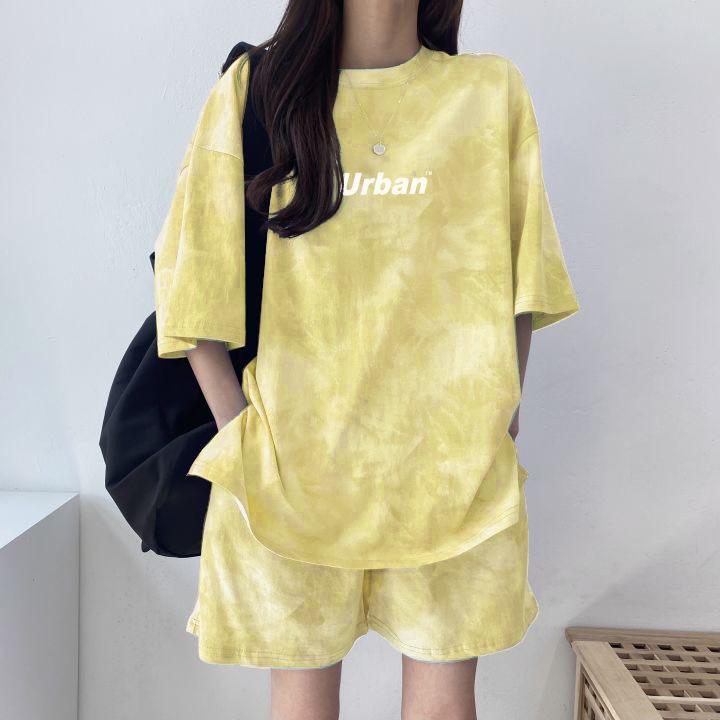 Женский костюм из футболки и шорт Повседневный набор с tie-dye свободной футболкой и широкими шортами средней длины с карманами Женские мягкие летние комплекты шорт