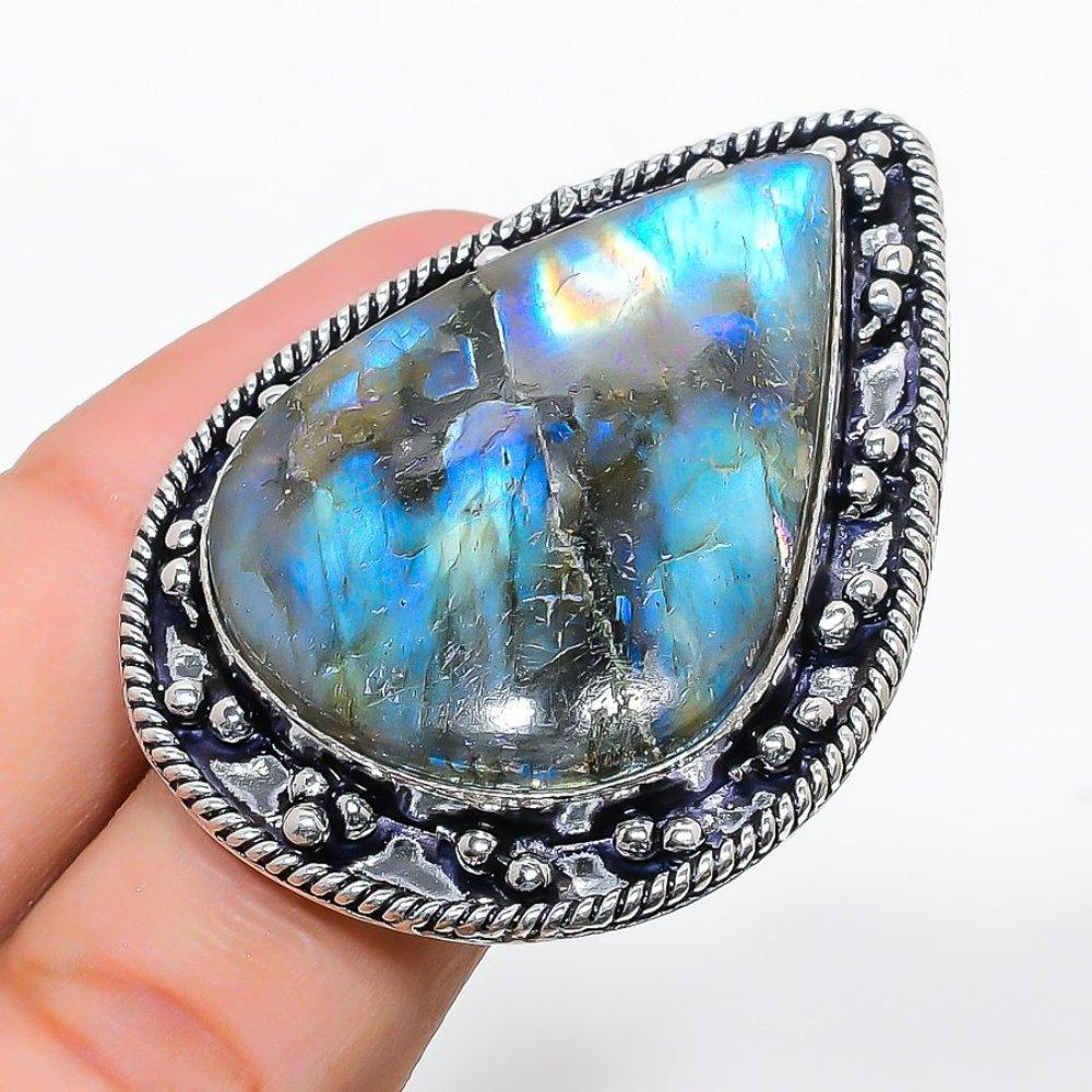 Natural Labradorite Gemstone Handmade 925 Sterling Silver Ring Size 6 K4Q44