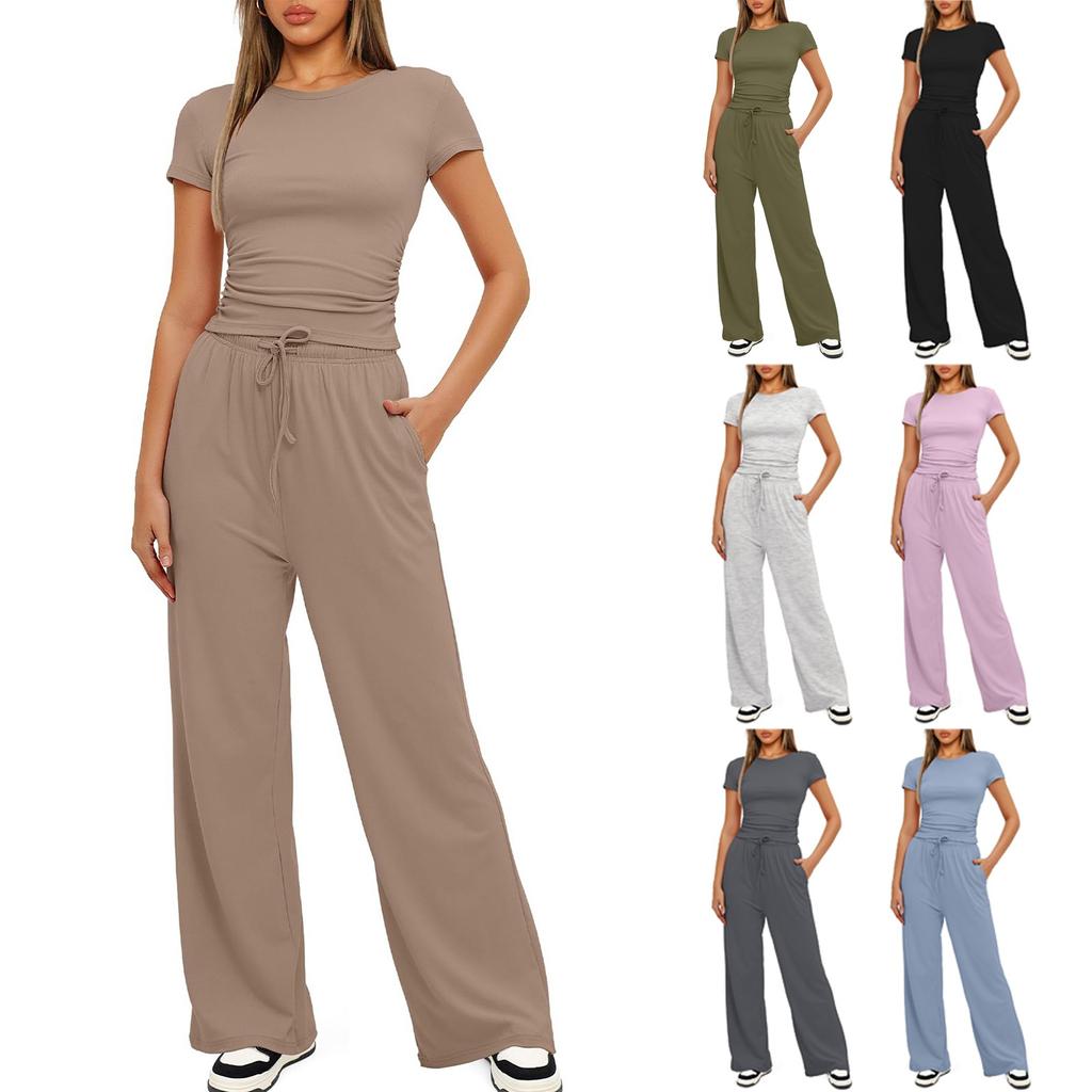 Women 2 Piece Outfits Sets Summer Short Sleeve Ruched Tops And Wide Leg Pants Tracksuit Matching Outfits