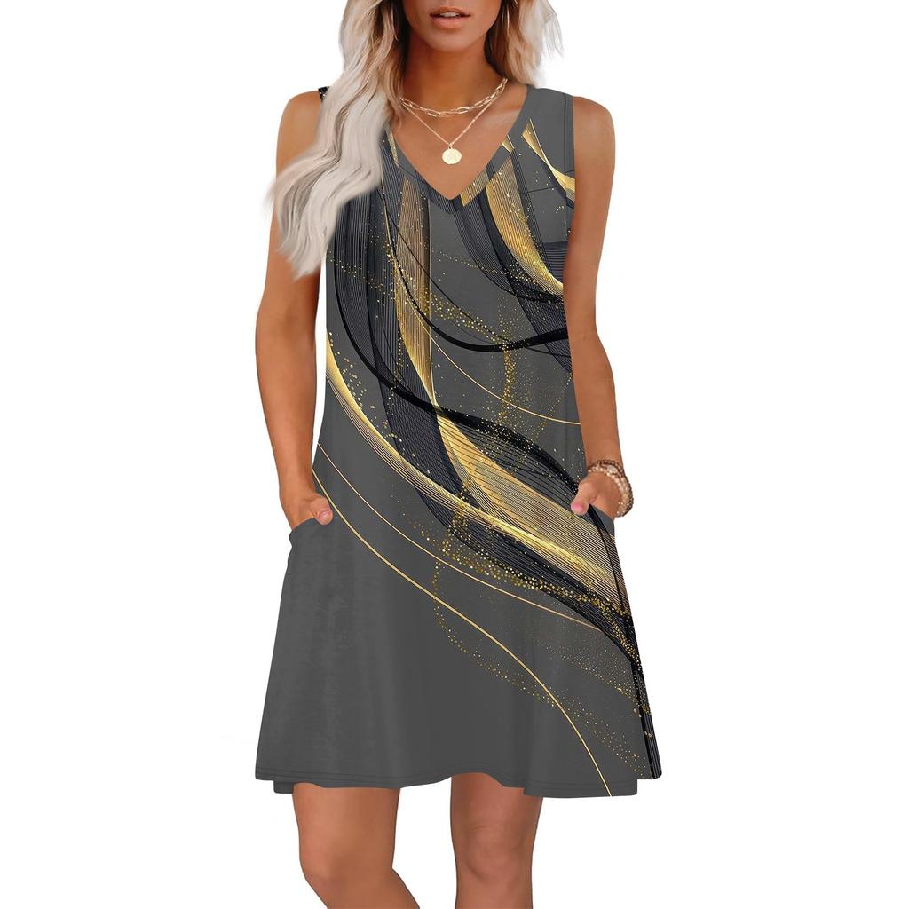 Женские летние платья свободного кроя с принтом V-образным вырезом без рукавов сарафаны пляжное гавайское платье с карманами