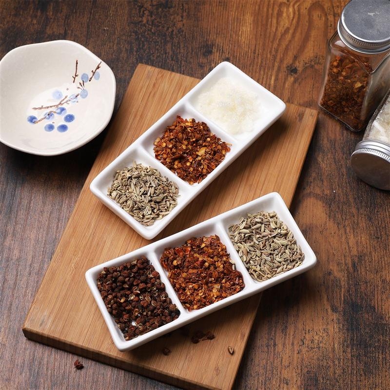 2 шт. 6-дюймовый чисто-белый керамический поднос для закусок с 3 отделениями, прямоугольные разделенные соусницы для специй, соевого соуса