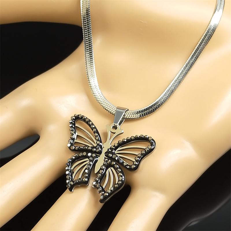 Fashion Butterfly Flower Necklace Women/Men Black Rhinestone Stainless Steel Silver Color Y2K Clavicle Chain Jewelry 6482-QKC