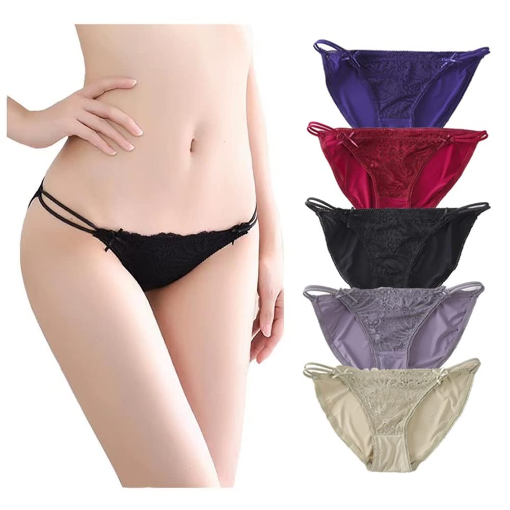 HELLONICE Lace Plain Sexy Panties with Floral Lace and Cute and Set of 5 Women's Panties, Lingerie, T-Back Ribbons, Non-Digging,