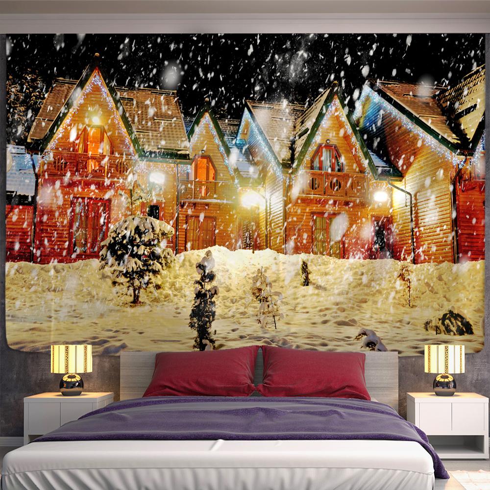 Christmas Fireplace and Snow Wall Hanging Merry Christmas Tapestry Home Decor Christmas Gifts Printed Tapestry