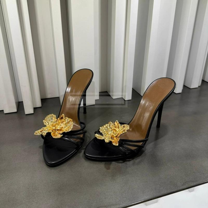 Летние Сексуальные Женские Сандалии Шлепанцы Летние Металлические Цветы Красивые Модные Сандалии Женские Туфли на Высоком Каблуке-Шпильке Черные Сандалии