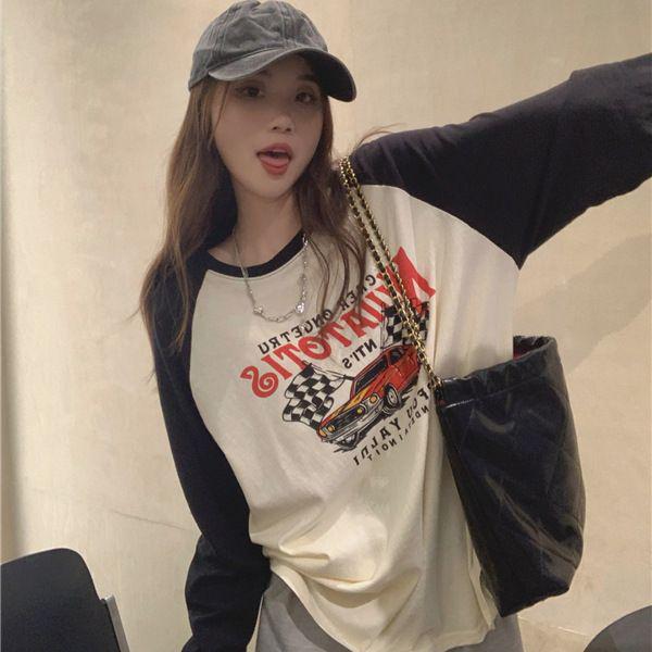 American Retro Women's Black & White Color Block Raglan Sleeve Top - Long Sleeve, Autumn/Winter Design