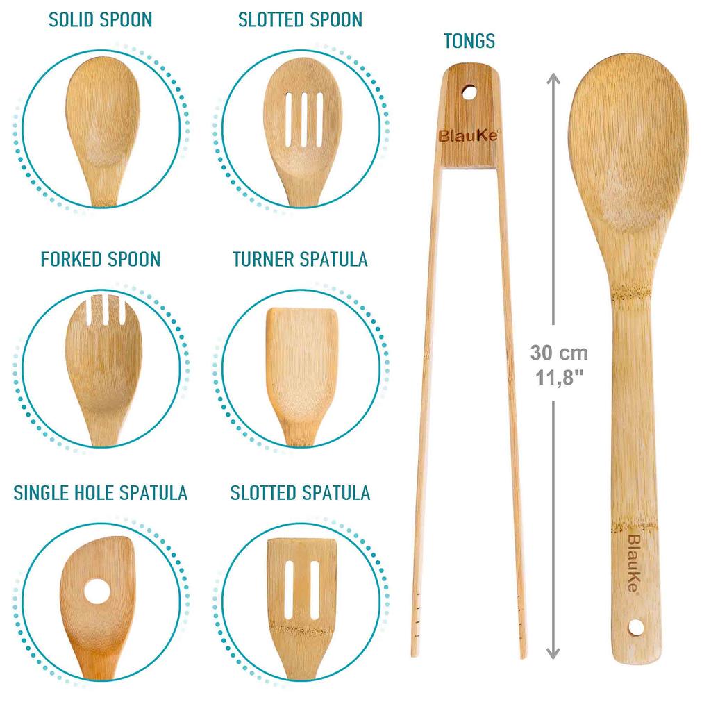 BlauKe® Wooden Kitchen Utensils Set of 7 – Bamboo Cooking Utensils for Non-Stick Cookware – Wooden Spatulas for Cooking, Wooden Spoons