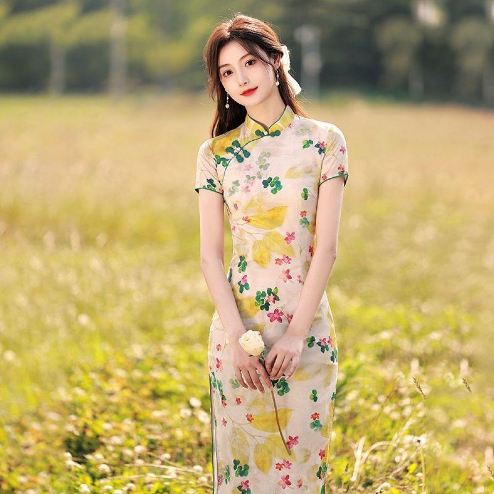 Женское платье Cheongsam цвета шампанского средней длины, весеннее и летнее повседневное платье