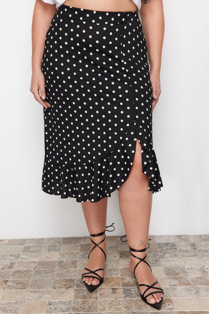 Women's Style Plus Size Black Polka Dot Patterned A-Line Knitted Skirt