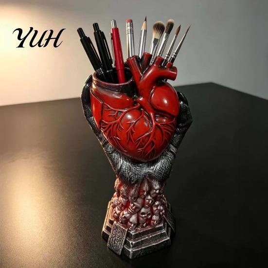 Unique Gothic Art Gift Hand Holding Human Heart Organ Vase, Anatomical Shaped Devil Palm Flower Pot Spooky Halloween Desktop for Living Room