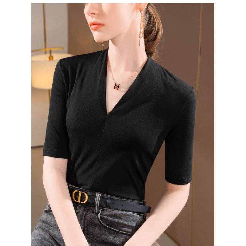 New mid-sleeve women's t-shirt 2026, elegant V-neck inner layer, stretchy base shirt, slim-fit waist top