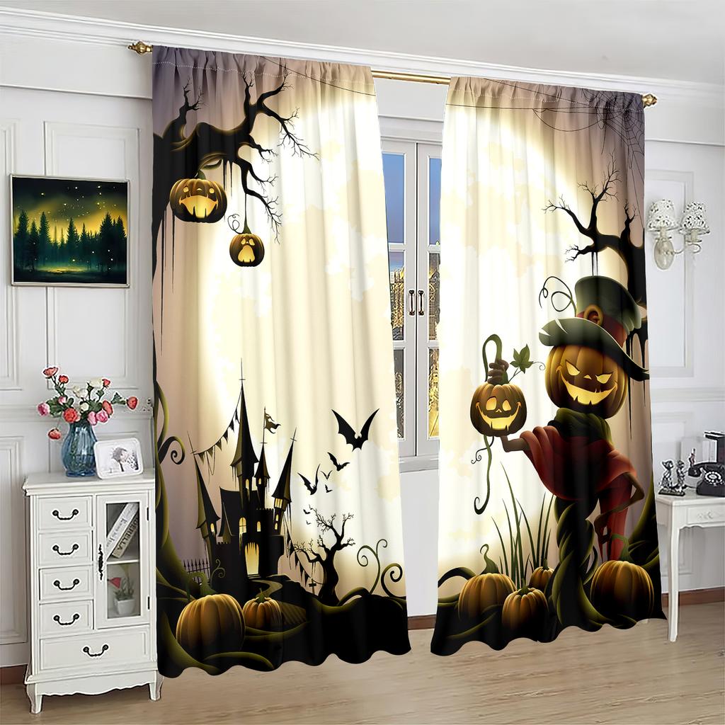 2 Pieces of Halloween Demon Pumpkin Castle Moonlight Printing Curtain - Polyester Material - Suitable for Bedroom Living Room St