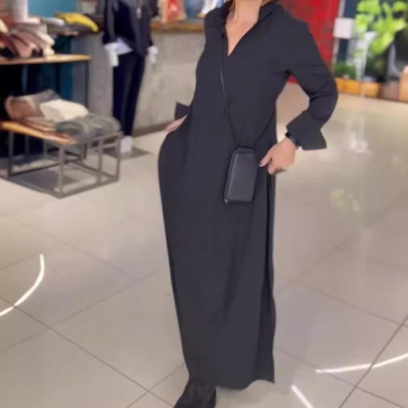 Женское осенне-зимнее повседневное платье с V-образным вырезом и длинными рукавами